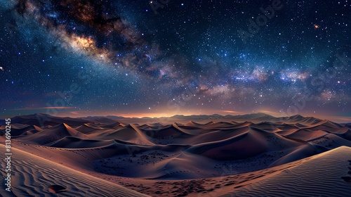 Amazing beautiful starry sky over the mysterious sand dunes of the desert at night.