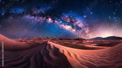 Amazing beautiful starry sky over sand dunes in the desert at night.