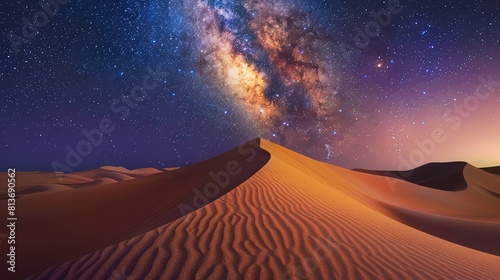 Amazing beautiful starry night sky over sand dunes in desert.