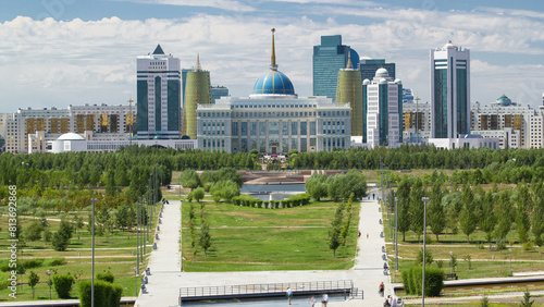 Panorama of the Astana city timelapse and the president's residence Akorda with park