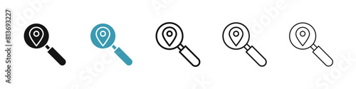 Search Location line icon set. find place location pin with magnify glass vector symbol for UI designs.