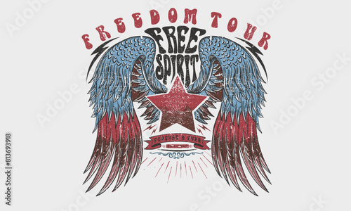 Eagle wing vector t-shirt design. Freedom music tour. Free spirit vintage artwork. America eagle rock and roll poster design. Music festival artwork.