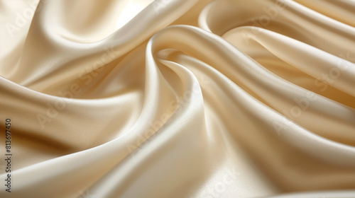 Close-up of rippled beige silk fabric with soft folds.