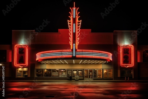 Illuminated art deco movie theater exterior with neon lights under the night sky
