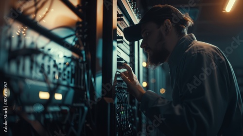 A photo of an IT technician turning on a data server out of focus.