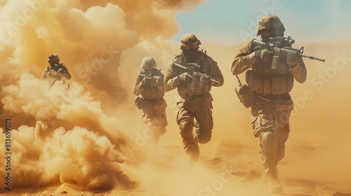 The picture shows a squad of soldiers running forward and attacking enemy soldiers during a military operation on the desert.