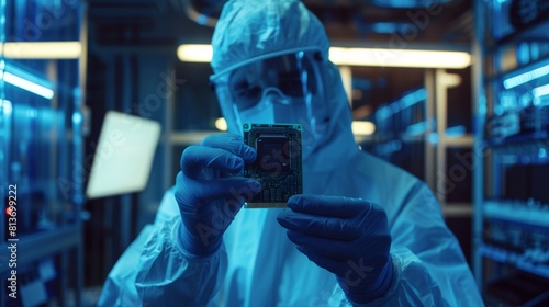 A design engineer wears a sterile coverall and examines a microchip in an ultramodern electronic manufacturing factory.
