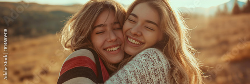 Two Sisters sharing a happy hug in a field, smiling and showing joyful gestures. Generative AI