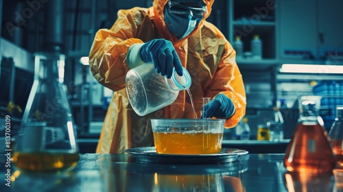 An underground drug lab chemist wearing a protective mask and coverall prepares a new batch of synthetic drugs using liquid from a canister.