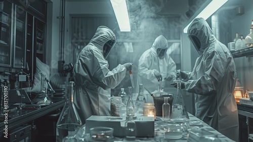 A clandestine laboratory in which clandestine chemists in protective coveralls package and distribute freshly brewed batches of drugs. They cook drugs with special lab equipment in the laboratory and