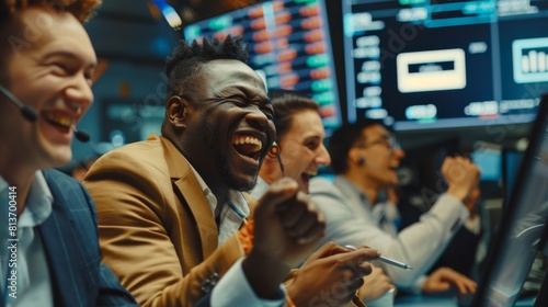 Stock exchange office's multi-ethnic team of traders celebrates successful day. Dealers and brokers buy and sell stocks on the market, celebrating profitable deals.