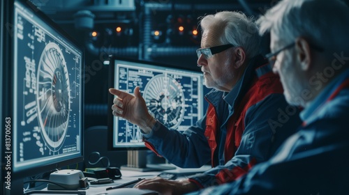 Various plans and schemes are discussed between two senior aircraft engineers using a Turbine Blueprint on a personal computer.