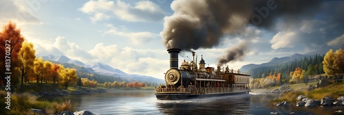A historic steamboat chugging along a river