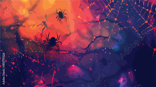 Cobweb with spiders for Halloween party on colorful background