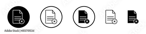 Delete Document icon set. Remove or cancel invalid computer file vector symbol. Reject or decline form paper. Contract denied pictogram.