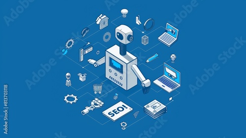 Banner for a keyword research tool with isometric icons on blue background. Modern landing page illustrating an SEO optimization service with a line art robot and a chatbot that uses artificial