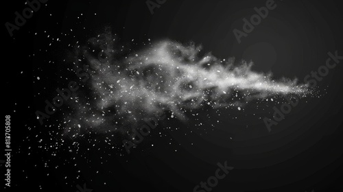 Stream of cosmetic, fragrance or deodorant spray on transparent background with white dust particles. Modern realistic set.
