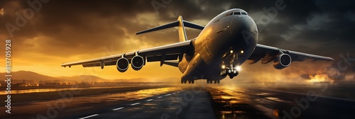 A massive cargo plane taking off from a runway