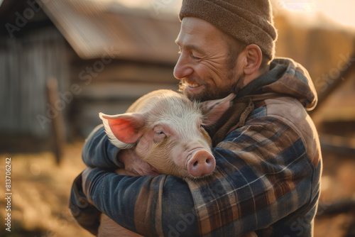 Farm Life. Man with beard holding a Suidae pig, a terrestrial mammal, in his arms. Generative AI