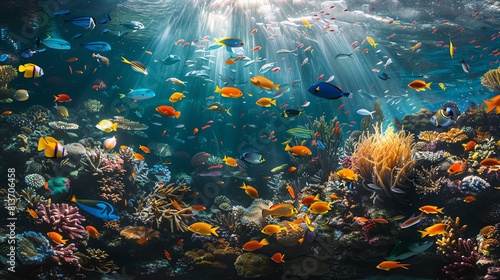 Underwater world full of life. Colorful fishes of various species swim near a coral reef. Bright sunlight rays shine through the water surface.