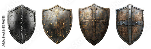 four realistic medieval metal shields different patterns cutout transparent background, design elements