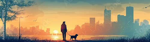 Couple dogs flat design front view city stroll theme water color Splitcomplementary color scheme.