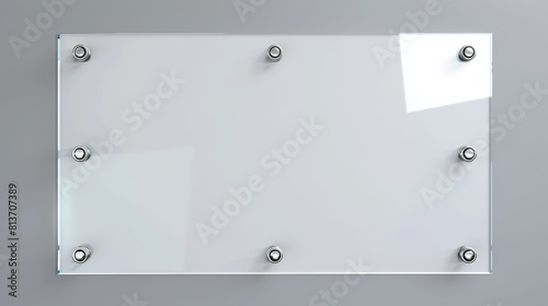 An illustration of a clear plexiglass board with a blank sheet isolated on a transparent background. Modern realistic mockup of a white poster in a glass or acrylic frame with steel bolts in front