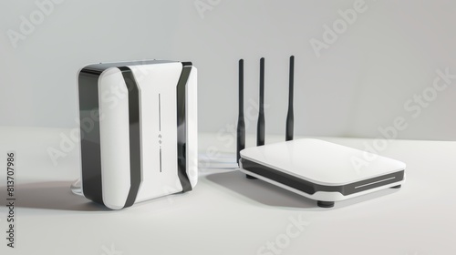 Wireless router front and side view mockup, blank home device with antennas isolated on white background. Modern technologies, realistic modern illustration, mockup.