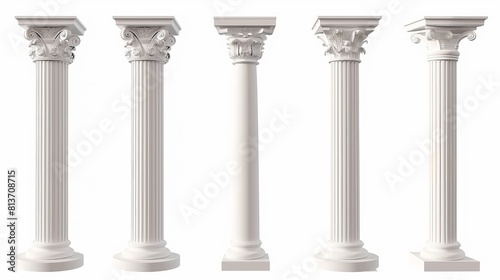 Realistic 3D modern mockup of antique pillars isolated on white background. Classic stone columns with twisted and groove ornament for interior facade design.