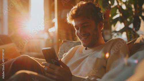 Man using smartphone while relaxing in living room. Guy using internet, using social networks, and having fun at home. Lighted with sun flare in warm light.