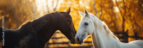 Two horses standing in a natural landscape, gazing at each other. Generative AI