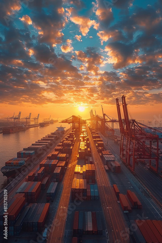 Vibrant sunset scene of port cranes and freight operations at a bustling cargo terminal