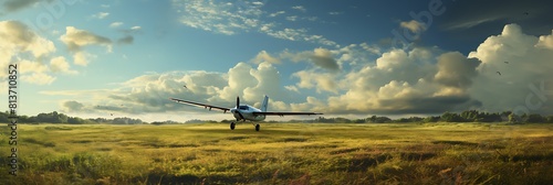 A small plane taking off from a grass runway