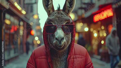 Dapper donkey strides through city streets in tailored elegance, embodying street style.