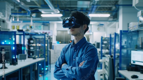 Using a Virtual Reality Headset, a Japanese Electronics Development Engineer looks around a high-tech research laboratory with modern computing equipment.