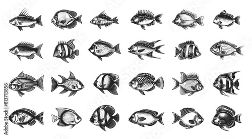 Hand-Drawn Sea Fishes Icons Set. Angelfish, Clownfish, Sea Bass, Parrot Fish and More. Simple Vector Illustrations with Clear Outlines on White