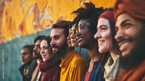 A group of happy people of diverse ethnicities and nationalities are smiling