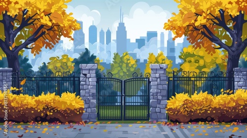 A parallax background of stone gates in an autumn city park in bad weather with hedge fencing, yellow trees and bushes, skyscrapers separated for game animation. Modern illustration.