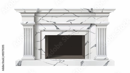 Classic style white marble fireplace with pilasters on a white background. Modern realistic illustration of hearth in stone frame with pilasters and empty mantelpiece.