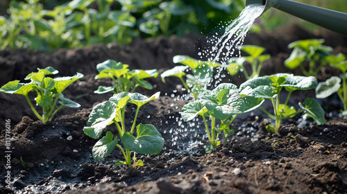 Watering zucchini seedlings from a watering can
