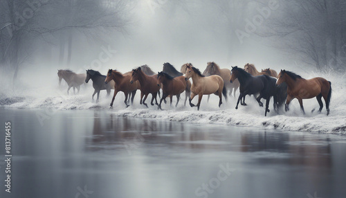 A wild herd of natural horses crossing the snowy river, foggy weather 
