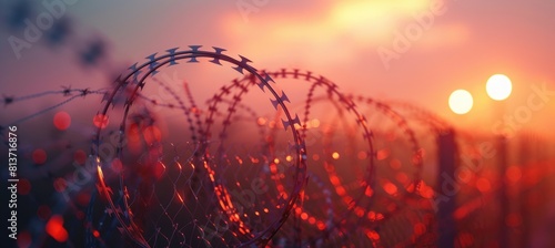 Barbed wire fence silhouetted against sunset