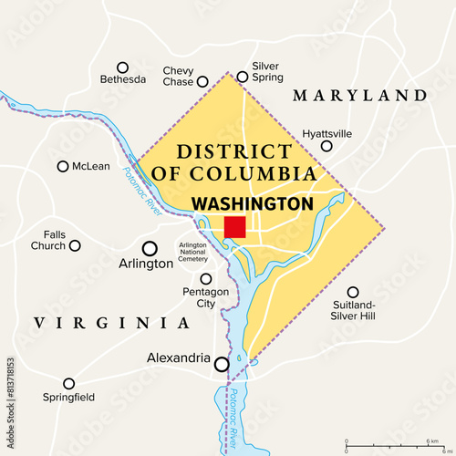 Washington, D.C., political map. District of Columbia, capital city and federal district of the United States. Located on the Potomac River, across from Virginia, sharing land borders with Maryland.