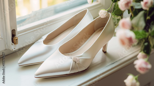 Elegant bridal shoes on a vintage windowsill surrounded by soft pink roses