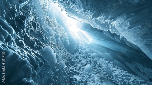 glacier crevice, with light piercing through the icy depths, creating a play of shadows and reflections.