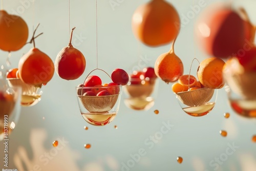 upside-down fruit baskets hanging from the sky, with fruits gracefully falling into glasses positioned below. The simple color palette of warm tones contrasts with the cool, clear liquid