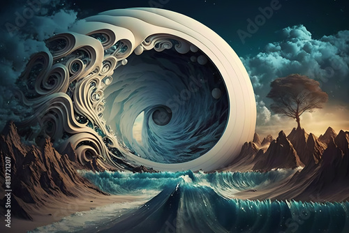 A stunning wave painting with mountainous natural landscape.
