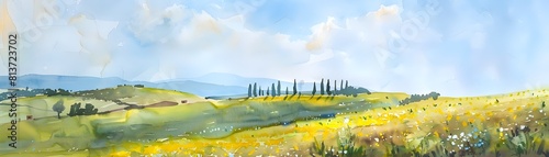 Breathtaking Tuscany Meadow in Early Spring with Soft Pastel Watercolor Landscape