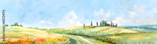Early Spring in Tuscany Countryside Watercolor Landscape