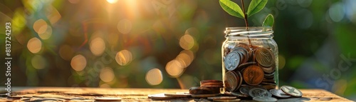 investment concept with coins and retirement savings plan in a glass jar on a wooden table